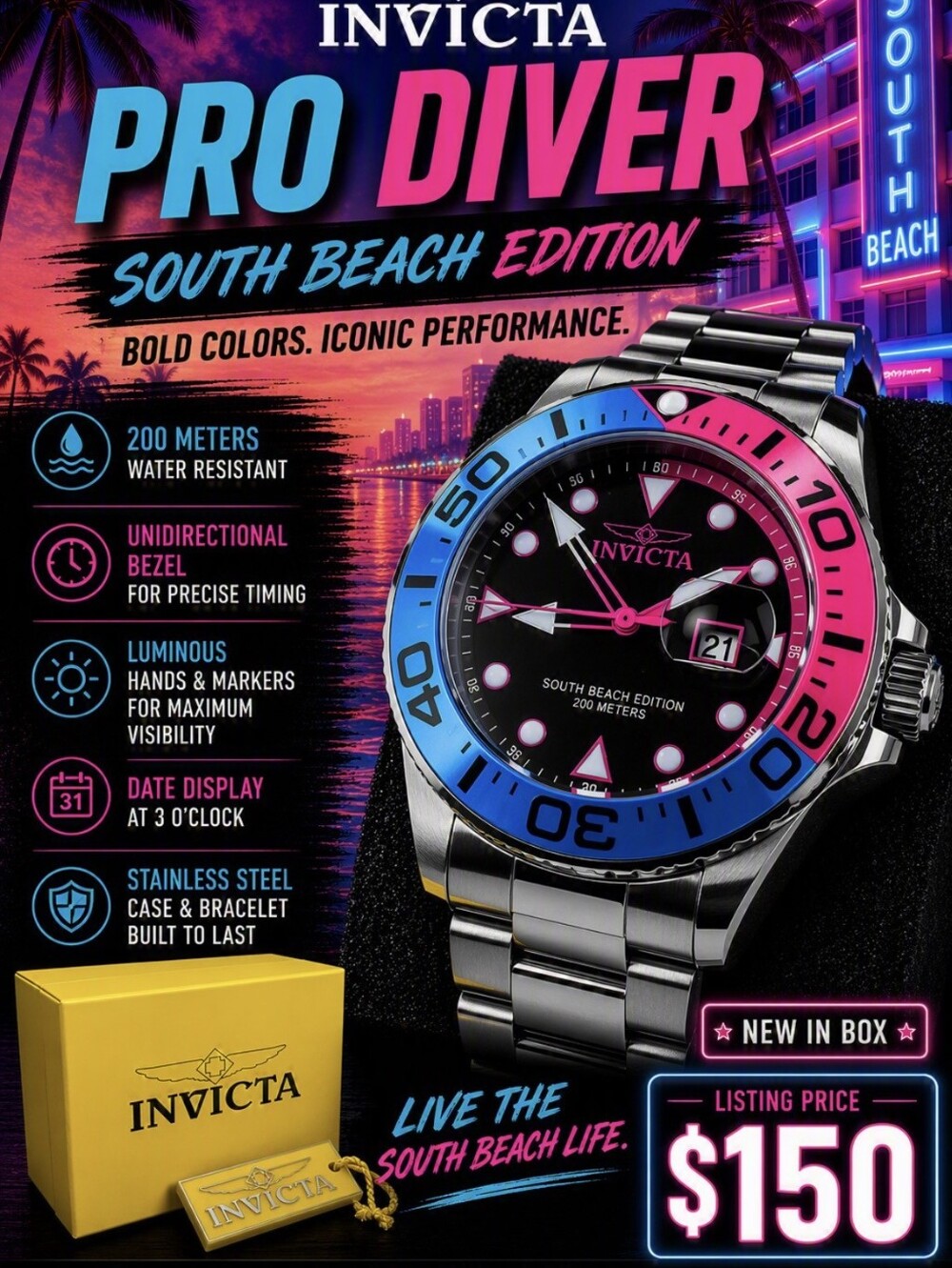 Invicta Pro Diver South Beach Edition Watch - Blue & Pink Bezel
